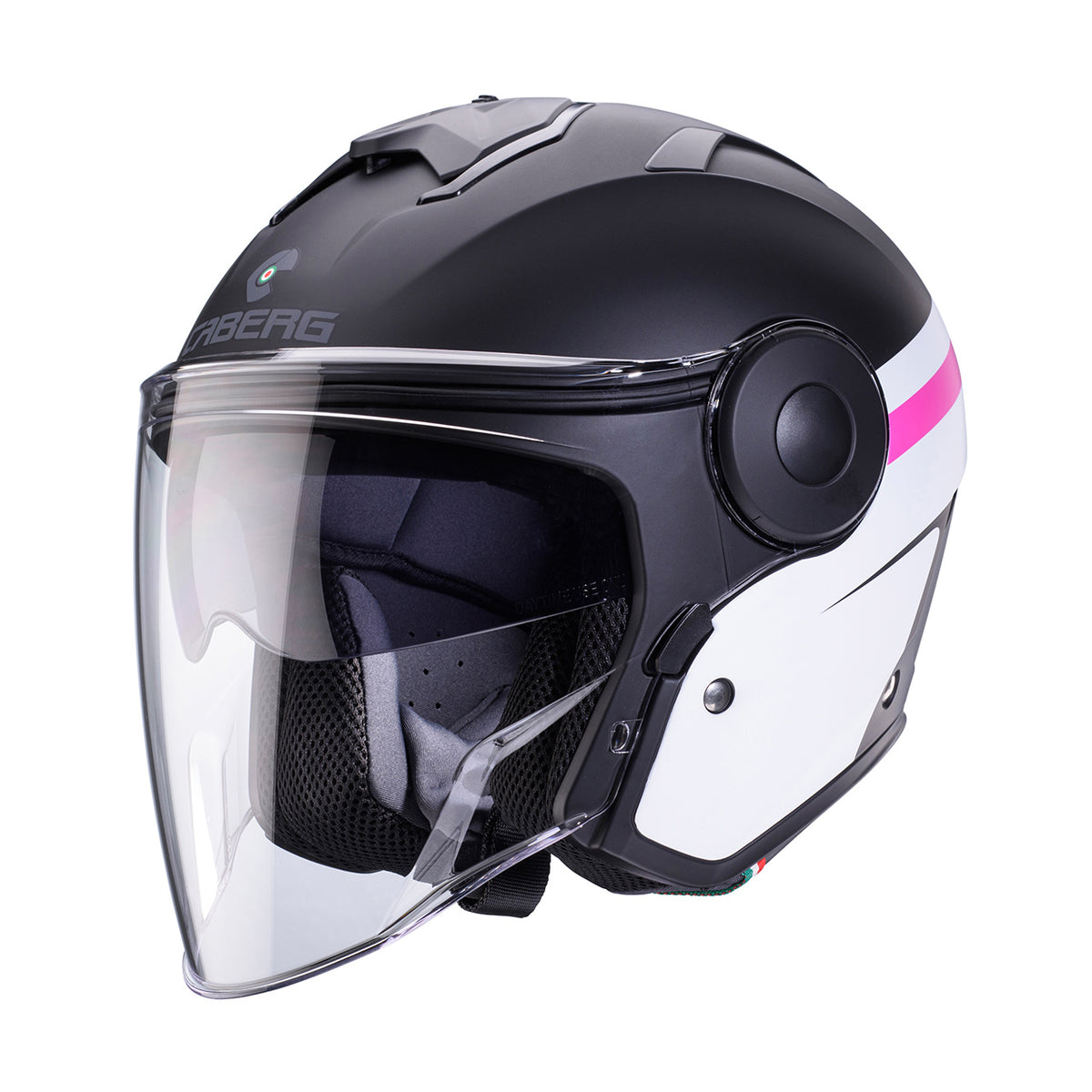 CABERG KASK OTWARTY JET Z BLENDĄ MODEL SOHO ZEPHYR KOLOR CZARNY MAT/BIAŁY/FUKSJA (INTENSYWNY ODCIEŃ RÓŻOWEGO)