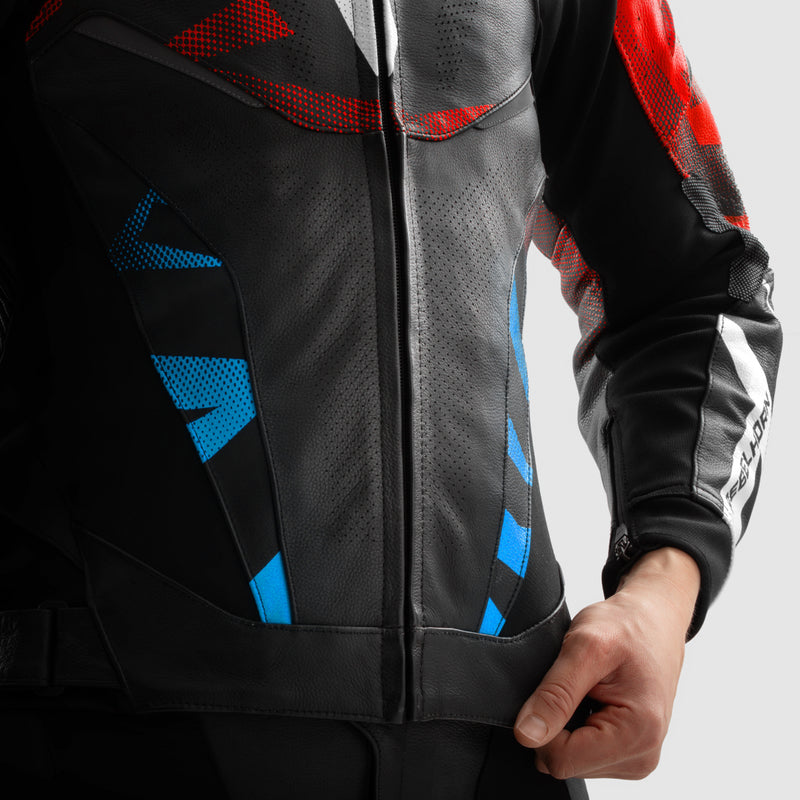 KURTKA MOTOCYKLOWA SKÓRZANA REBELHORN INFERNO BLACK BLUE WHITE RED