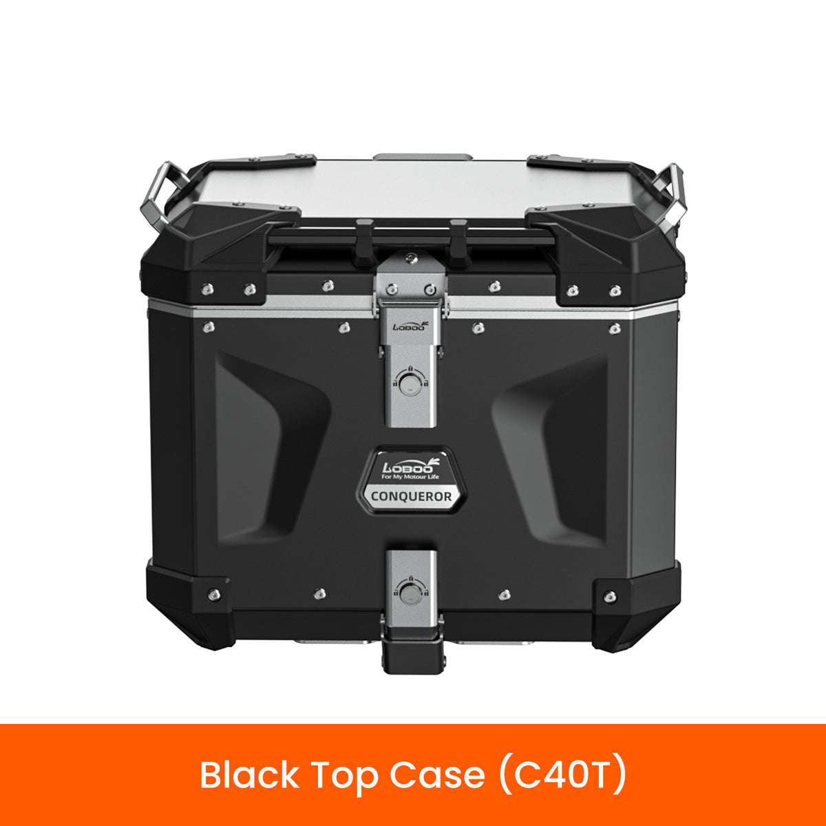 LOBOO CONQUEROR Kufer centralny czarny 40L, aluminium, 2 zamki, wodoodporny, wewnętrzna siatka/paski mocujące bagaż