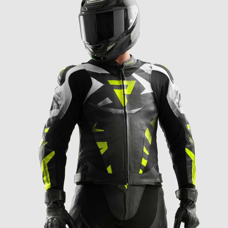KURTKA MOTOCYKLOWA SKÓRZANA REBELHORN INFERNO BLACK WHITE FLUO YELLOW