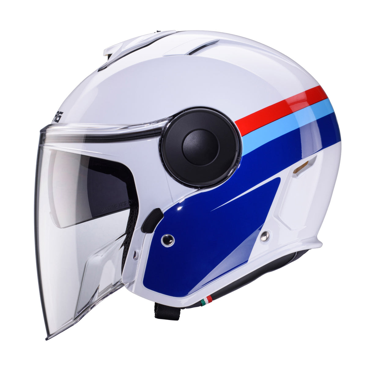 CABERG PROMOCJA KASK OTWARTY JET Z BLENDĄ MODEL SOHO ZEPHYR KOLOR BIAŁY/NIEBIESKI/CZERWONY – zdjęcie 2