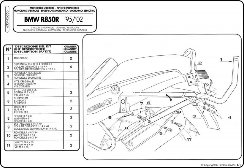 KAPPA STELAŻ KUFRA CENTRALNEGO BMW R 850R (95-02), R 1100R (95-01) ( BEZ PŁYTY )