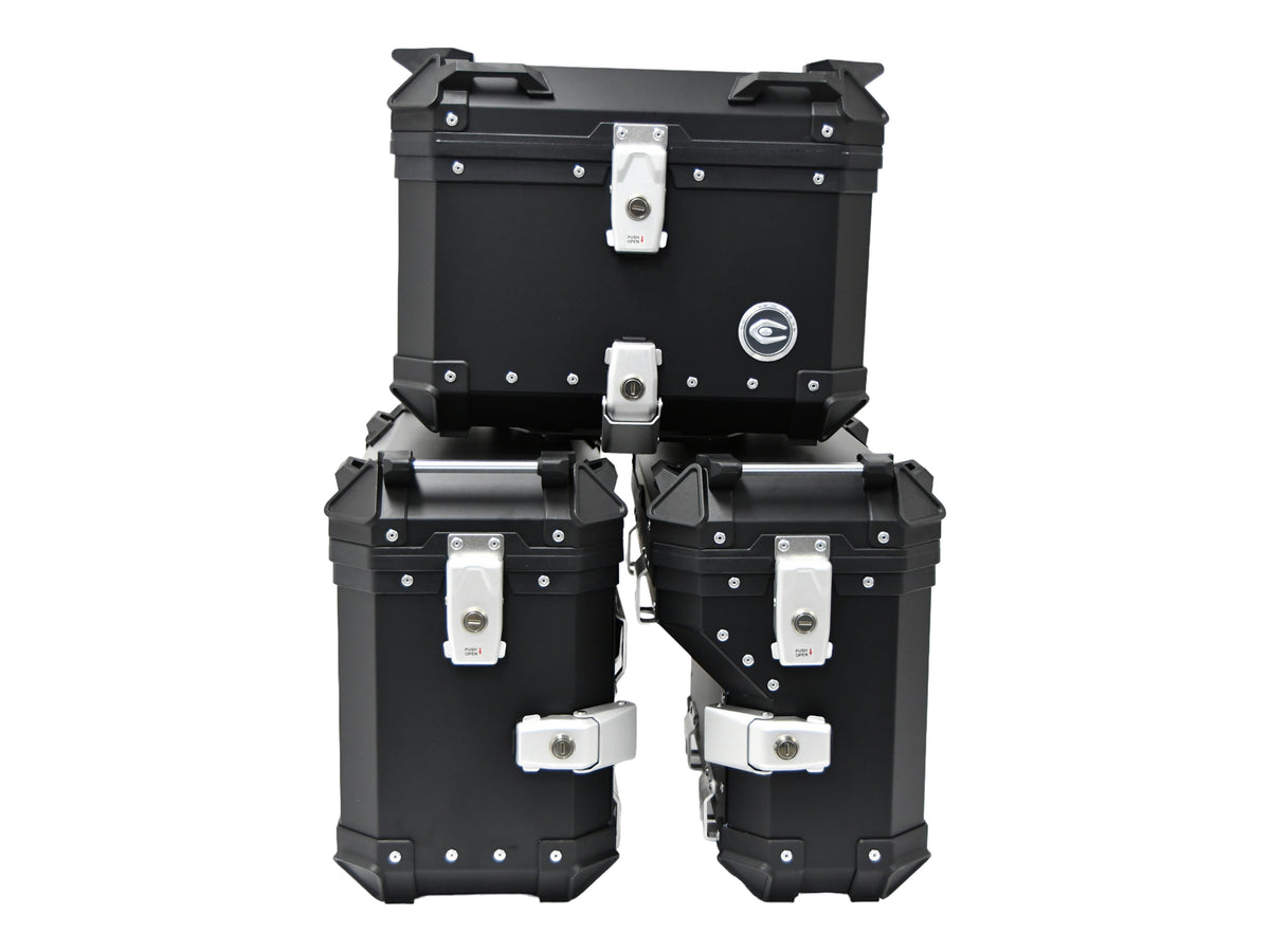 ZESTAW 3 KUFRÓW ALUMINIOWYCH (30L ASYMETRYCZNY + 36L + 45L) COOCASE CZARNY Z TORBĄ WEWNĘTRZNĄ