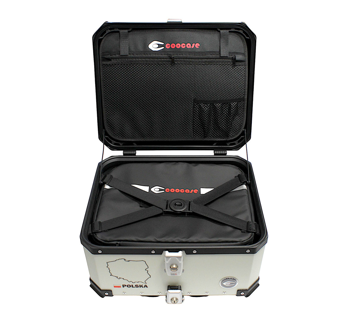 KUFER CENTRALNY ALUMINIOWY COOCASE 55L SREBRNY Z MAPĄ PL + TORBĄ WEWNĘTRZNĄ – zdjęcie 4