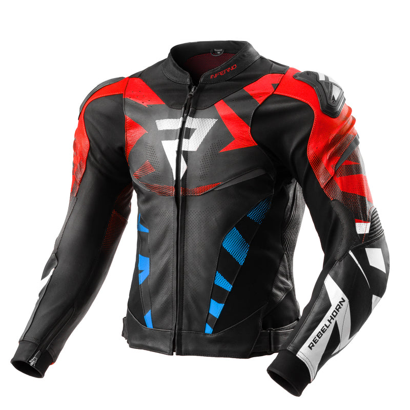 KURTKA MOTOCYKLOWA SKÓRZANA REBELHORN INFERNO BLACK BLUE WHITE RED