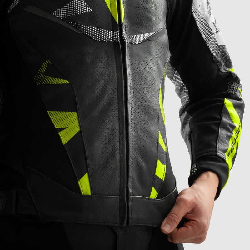 KURTKA MOTOCYKLOWA SKÓRZANA REBELHORN INFERNO BLACK WHITE FLUO YELLOW