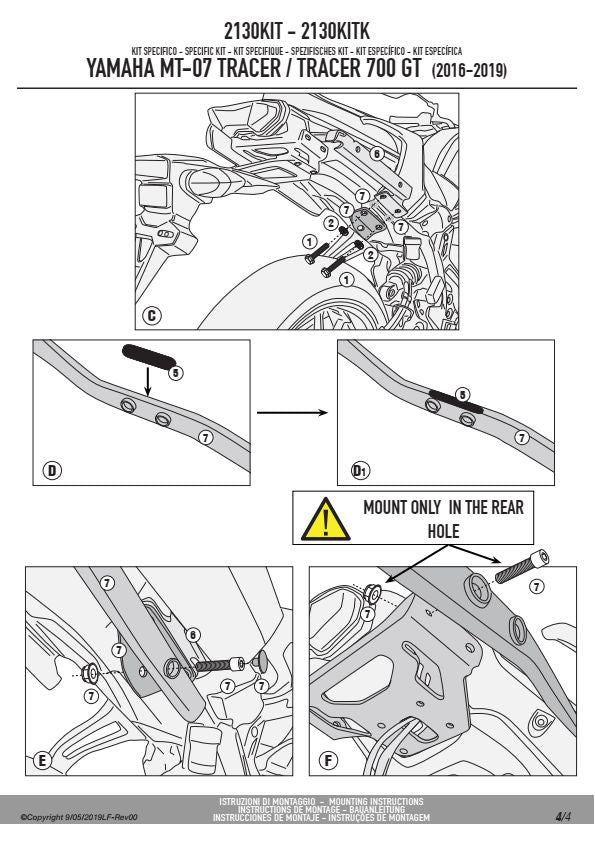 KAPPA ADAPTER DO ZAMONTOWANIA STELAŻA CENTRALNEGO KZ2130 WRAZ Z ORYGINALNYM STELAŻEM BOCZNYM YAMAHA MT-07 TRACER '16-'19, TRACER 7/7 GT '20-'24 – zdjęcie 2