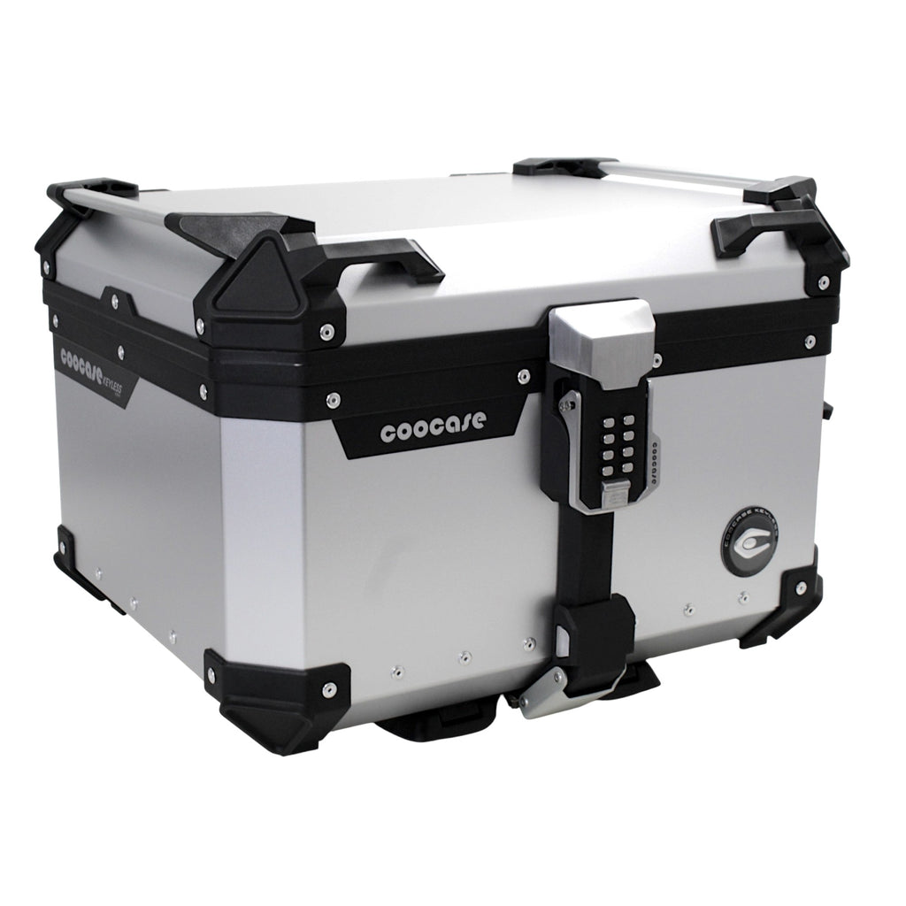 KUFER CENTRALNY ALUMINIOWY COOCASE 55L KEYLESS Z WYSUWANYM OPARCIEM SREBRNY