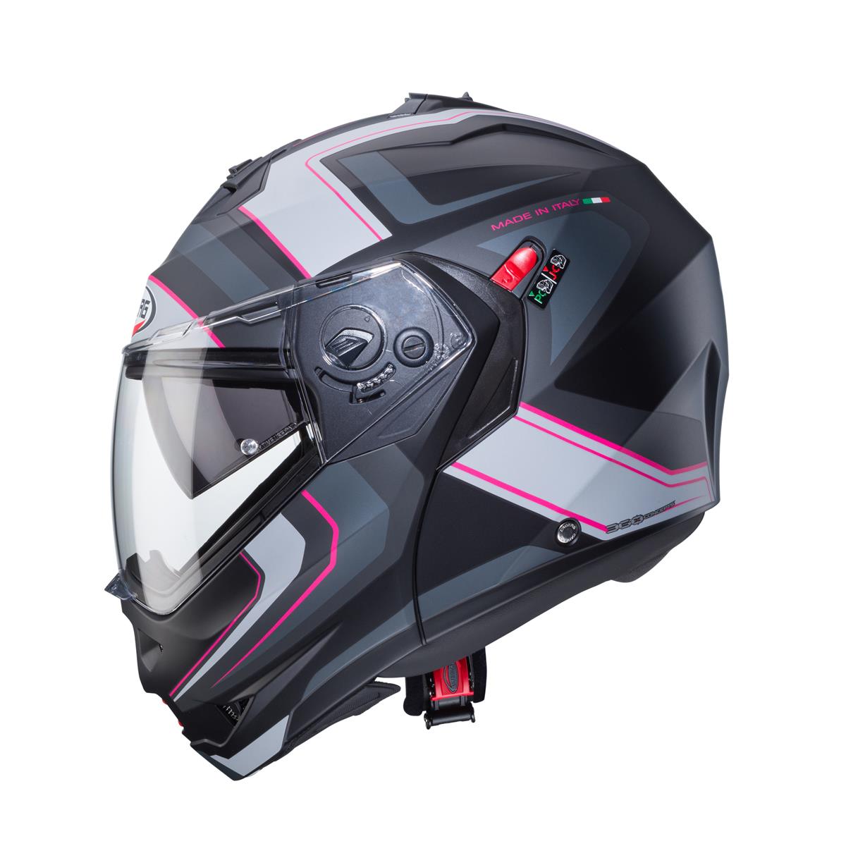 CABERG WYPRZEDAZ KASK SZCZĘKOWY FLIP-UP MODEL DUKE X KOLOR CZARNY MAT/SZARY/SREBRNY/FUKSJA (INTENSYWNY ODCIEŃ RÓŻOWEGO) (PINLOCK W ZESTAWIE) – zdjęcie 3