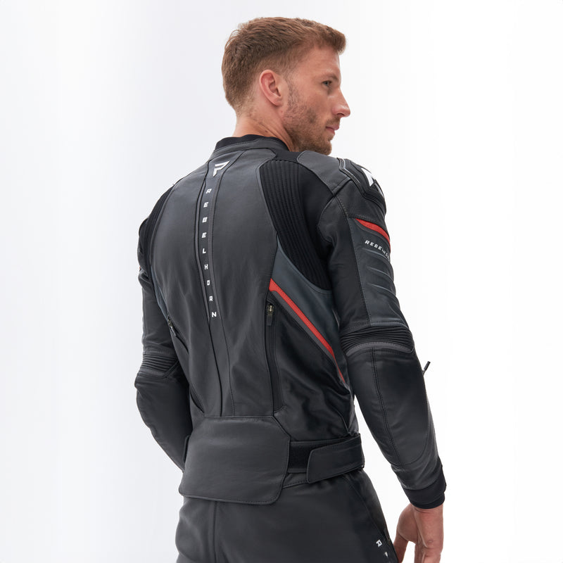 KURTKA MOTOCYKLOWA SKÓRZANA REBELHORN VELOCE BLACK GREY FLUO RED