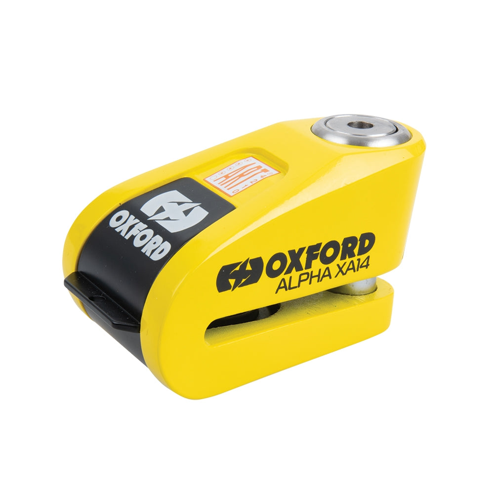 OXFORD BLOKADA TARCZY HAMULCOWEJ ALARMEM ALPHA XA14 KOLOR CZARNY/ŻÓŁTY FLUO (PIN 14MM) (STARY KOD: LK278)