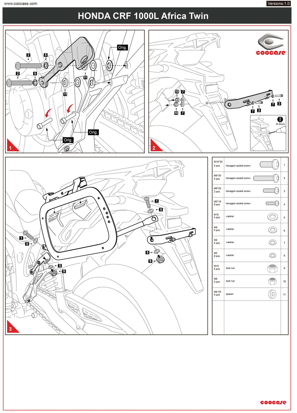 ZESTAW STELAŻY KUFER CENTRALNY + BOCZNE COOCASE HONDA AFRICA TWIN 1000 2016-2017 PRAWY KUFER ASYMETRYCZNY – zdjęcie 4