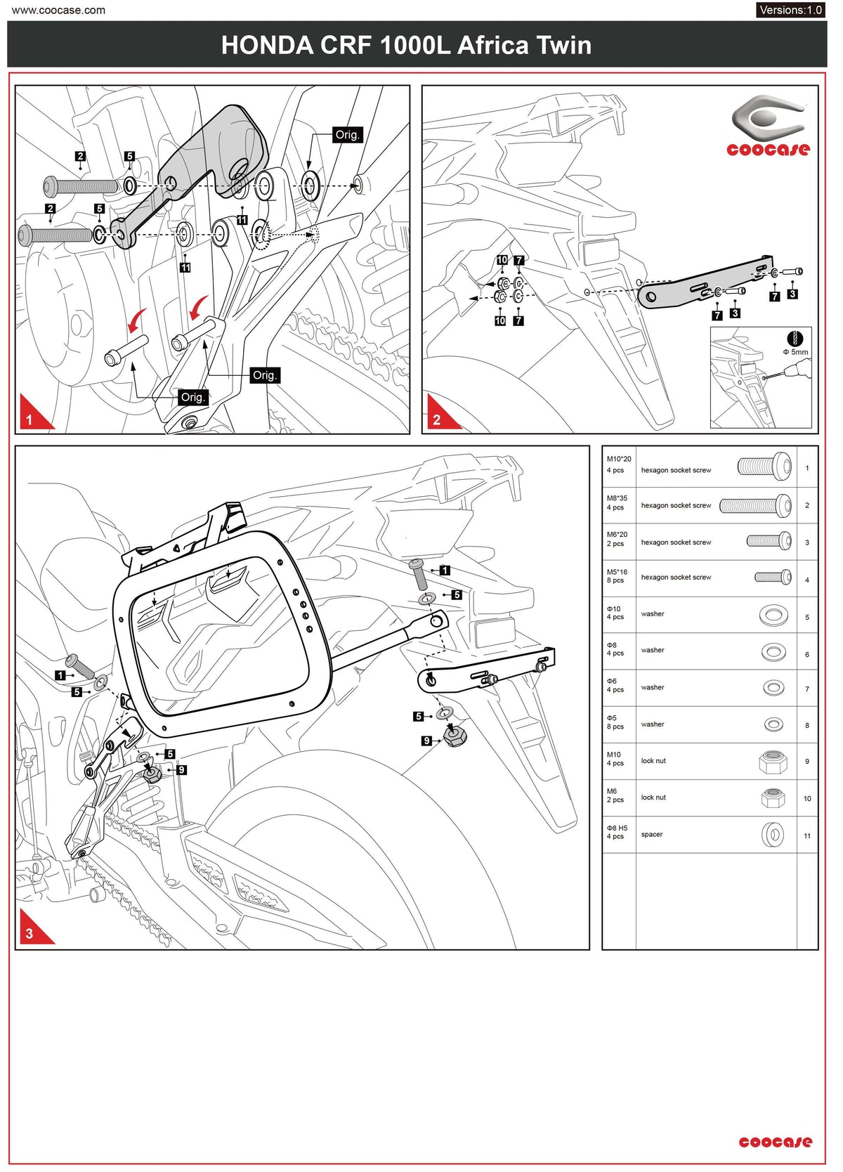 ZESTAW STELAŻY KUFER CENTRALNY + BOCZNE COOCASE HONDA AFRICA TWIN 1000 2016-2017 PRAWY KUFER ASYMETRYCZNY – zdjęcie 4