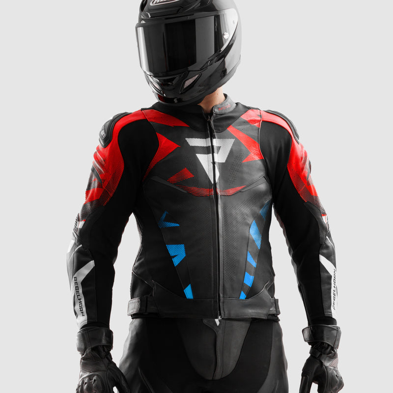 KURTKA MOTOCYKLOWA SKÓRZANA REBELHORN INFERNO BLACK BLUE WHITE RED