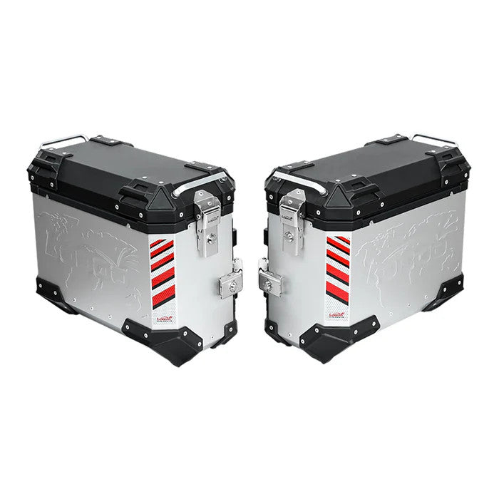 LOBOO PIKE Kufry boczne srebrne 37+37L, aluminium, 2 zamki, wodoodporne, wewnętrzna siatka/paski mocujące bagaż, 1 kpl (2 szt)