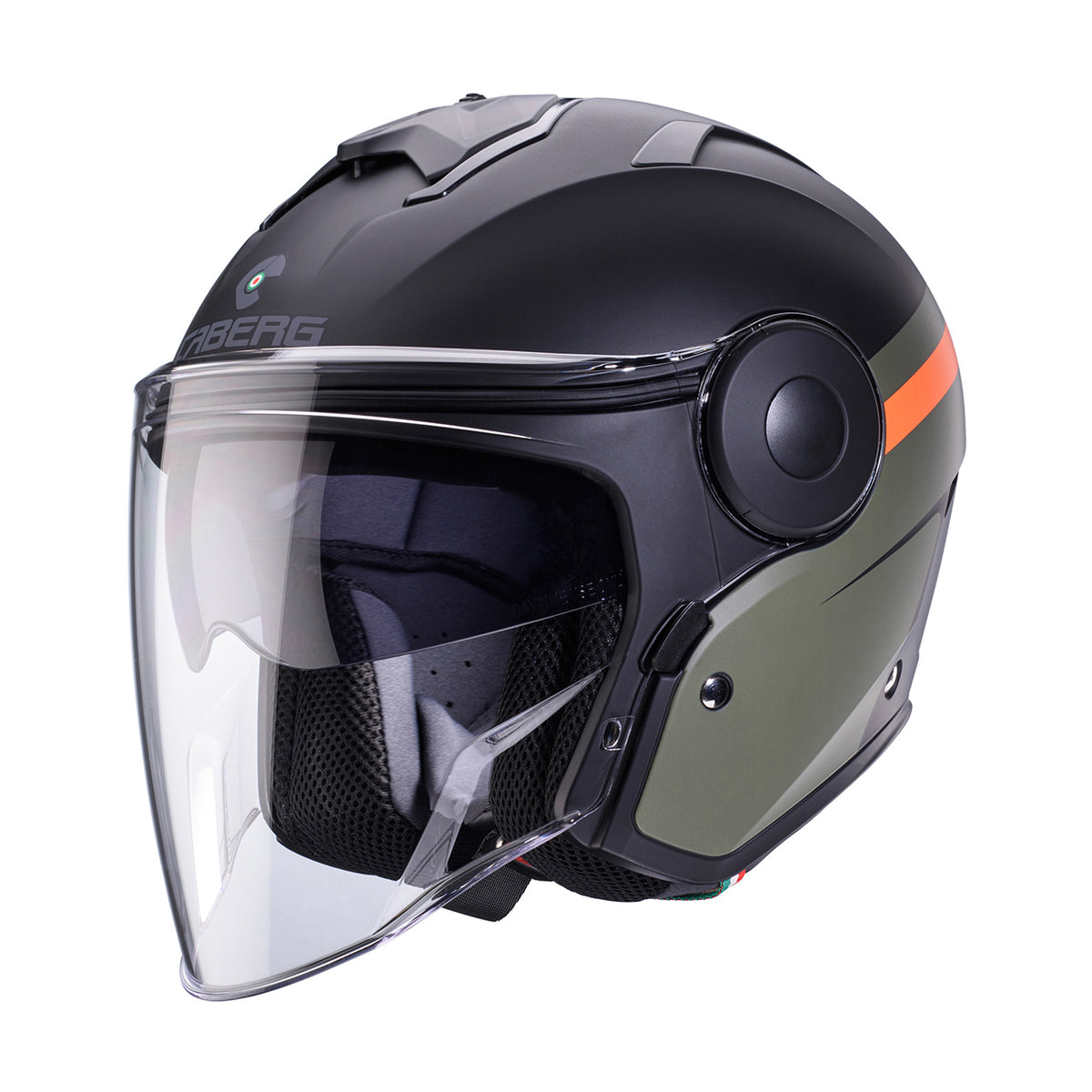CABERG KASK OTWARTY JET Z BLENDĄ MODEL SOHO ZEPHYR KOLOR CZARNY/ZIELONY/POMARAŃCZOWY MAT