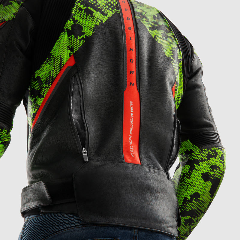 KURTKA MOTOCYKLOWA SKÓRZANA REBELHORN VELOCE CAMO BLACK GREEN FLUO RED