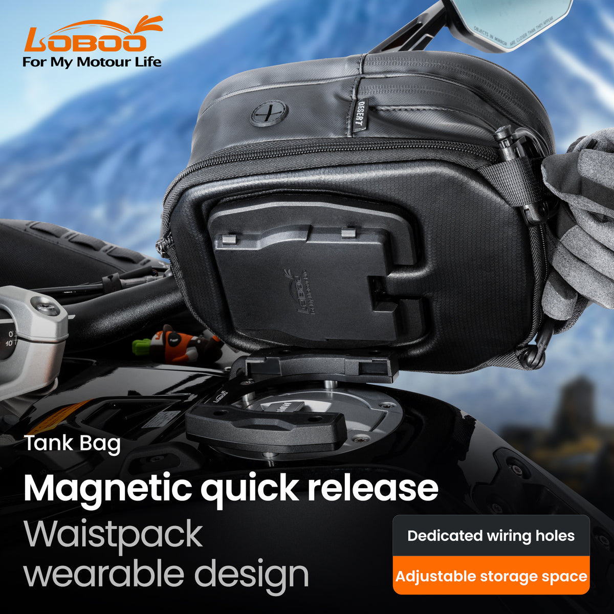 LOBOO Tank bag Easy rozszerzany 2,5-3,5L, z funkcją szybkiego demontażu z kotwy magnetycznej, regulacja montażu 110mm, czarny
