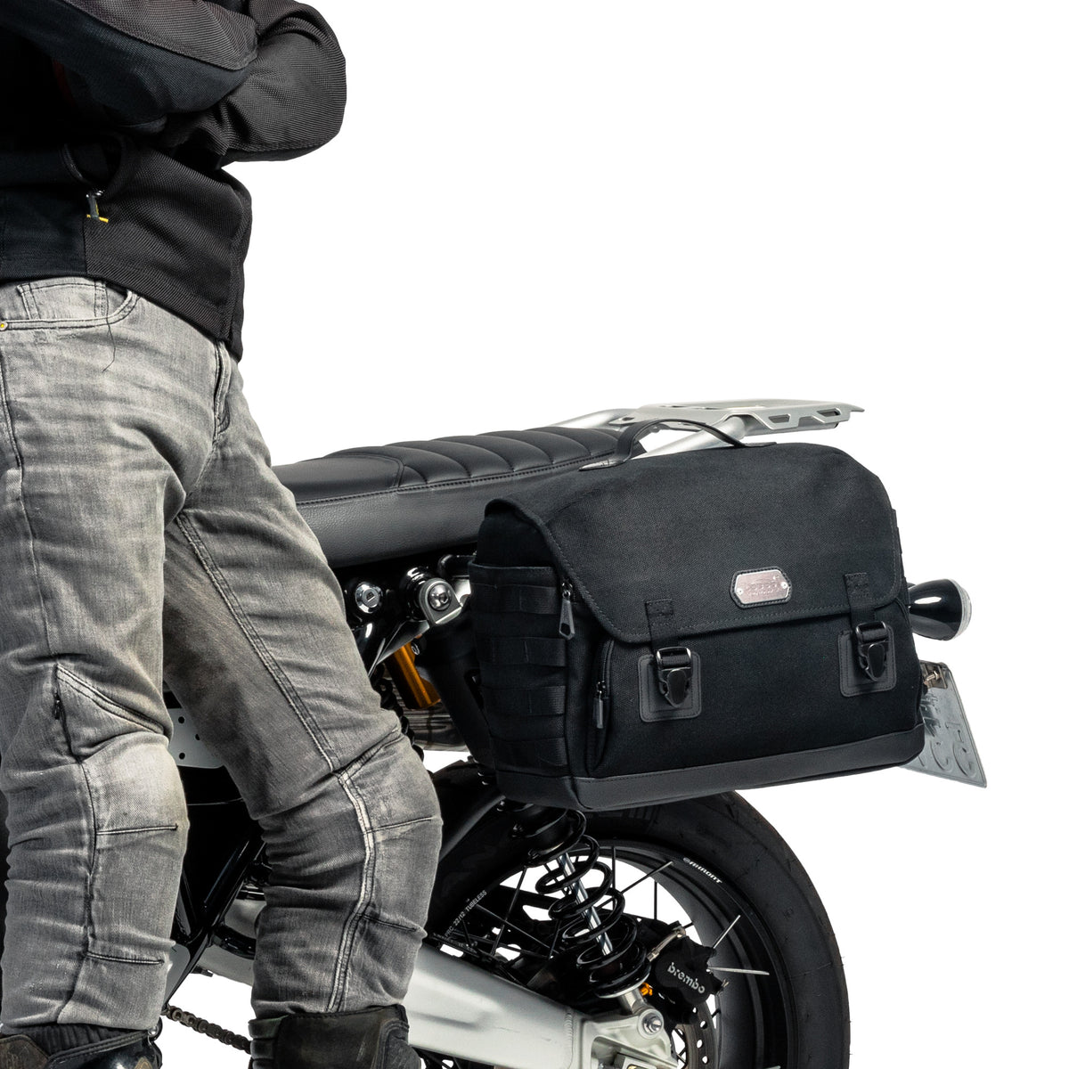 LOBOO Boczna torba Vintage czarna 12L + stelaż + płyta mocująca do TRIUMPH SCRAMBLER 1200XE (2024-)