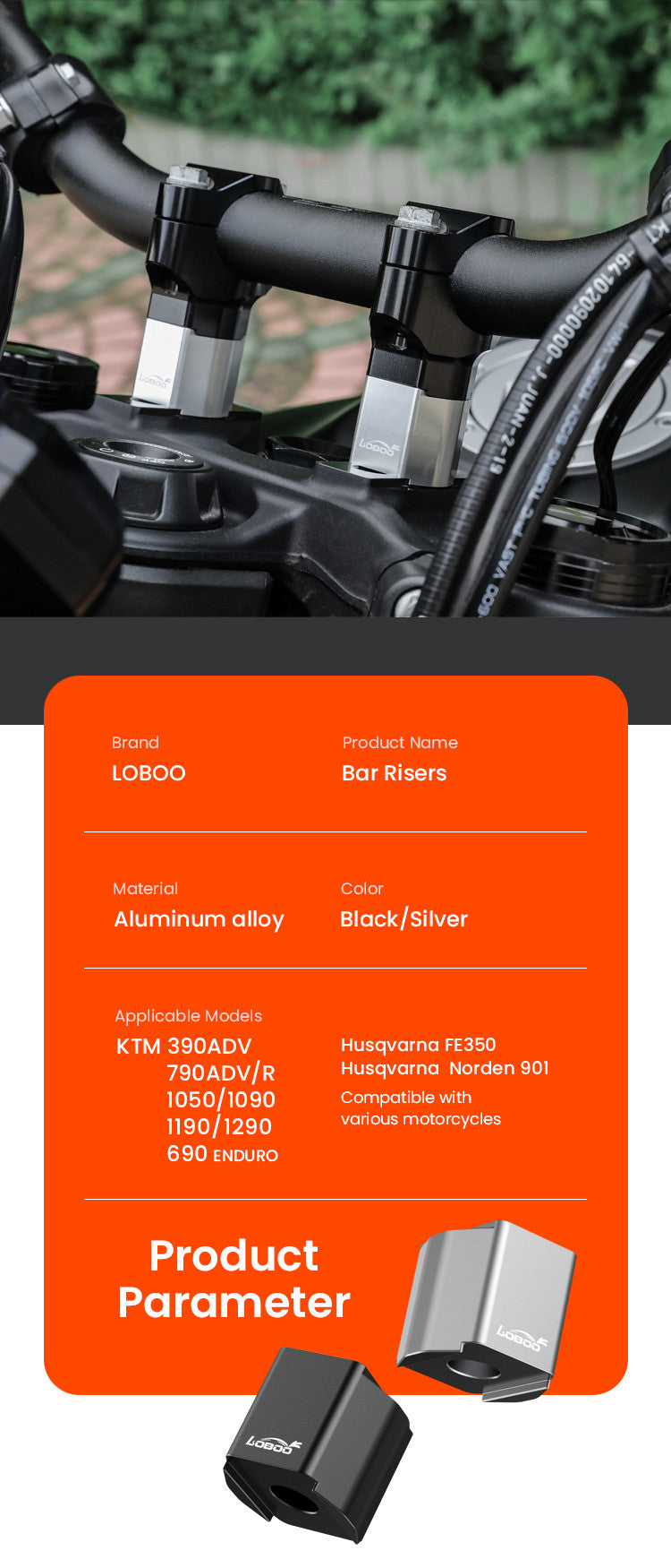 LOBOO Podwyższenie kierownicy do KTM690 ENDURO/R, KTM790, KTM890, KTM1050 , KTM1090 , KTM1190 , KTM1290 (srebrne)