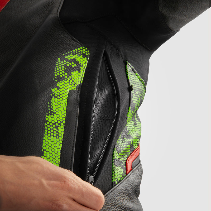 KURTKA MOTOCYKLOWA SKÓRZANA REBELHORN VELOCE CAMO BLACK GREEN FLUO RED