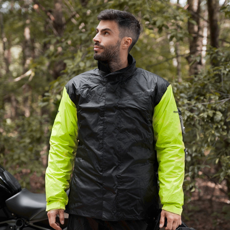 KOMBINEZON PRZECIWDESZCZOWY DWUCZĘŚCIOWY REBELHORN RAIN BLACK FLUO YELLOW