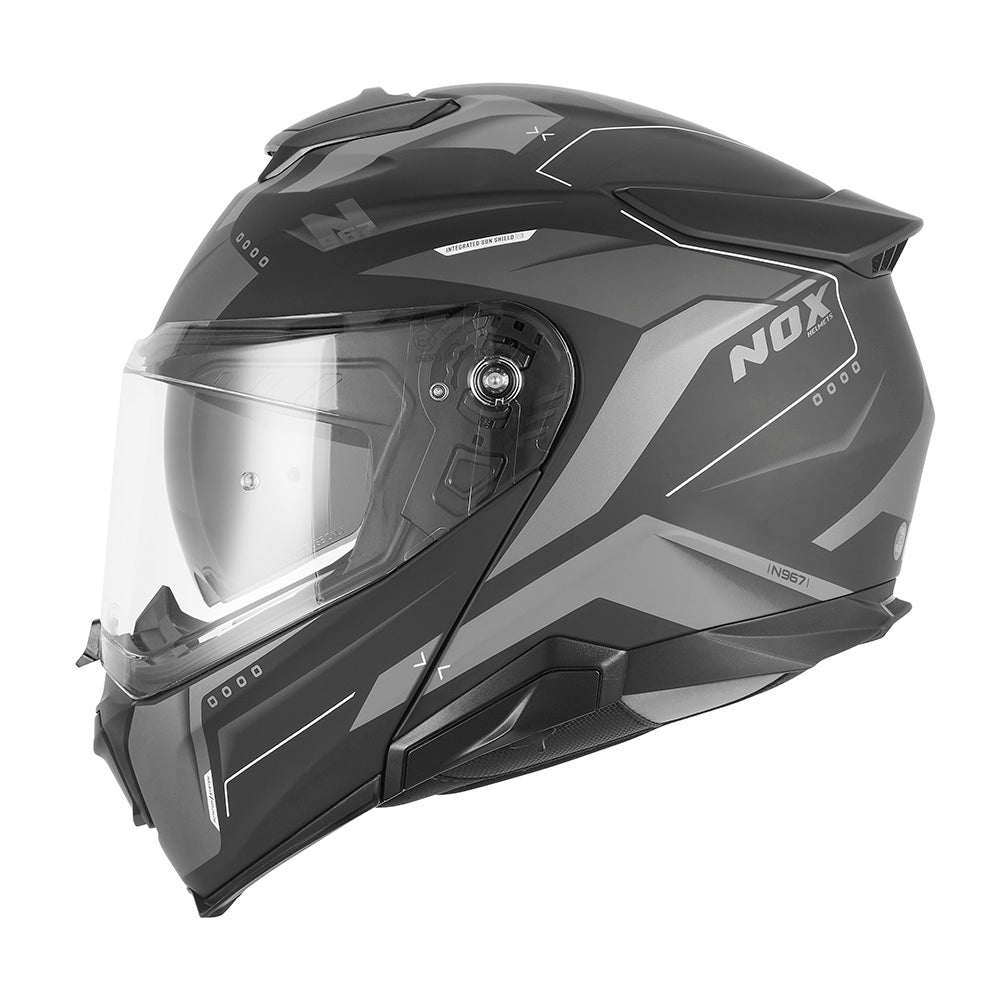 NOX WYPRZEDAŻ KASK SZCZĘKOWY (FLIP-UP) Z BLENDĄ N967 CONQUER KOLOR CZARNY MAT/SREBRNY (PINLOCK DO TEGO MODELU - FILMPINLOCK70DKS589) – zdjęcie 3