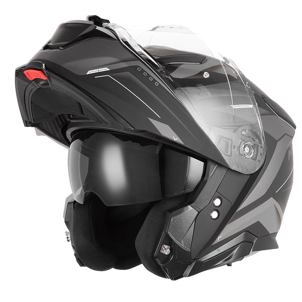 NOX WYPRZEDAŻ KASK SZCZĘKOWY (FLIP-UP) Z BLENDĄ N967 CONQUER KOLOR CZARNY MAT/SREBRNY (PINLOCK DO TEGO MODELU - FILMPINLOCK70DKS589)