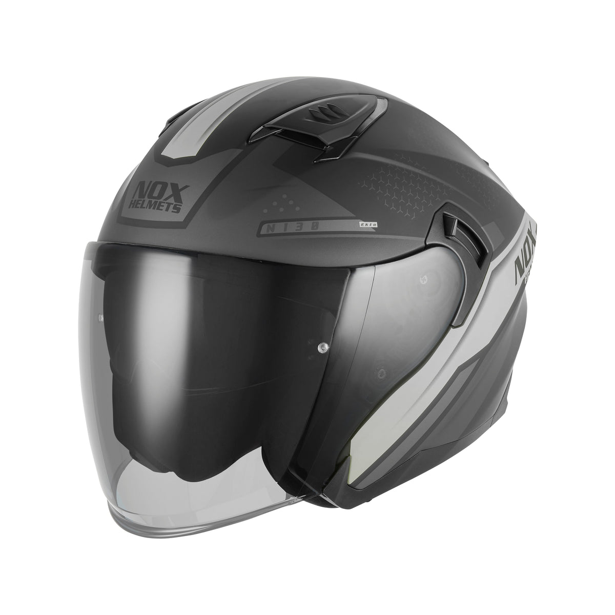 NOX WYPRZEDAZ KASK OTWARTY JET Z BLENDĄ N130 EKTO KOLOR SREBRNY/CZARNY MAT