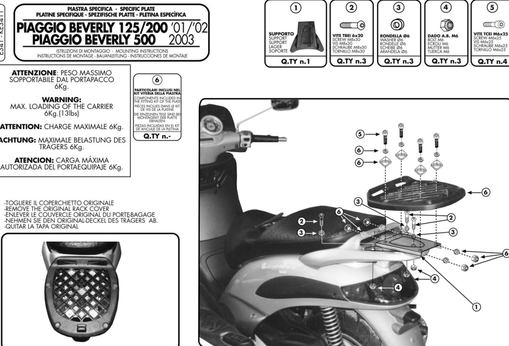 GIVI STELAŻ KUFRA CENTRALNEGO MONOLOCK (BEZ PŁYTY) - PIAGGIO BEVERLY (2004)