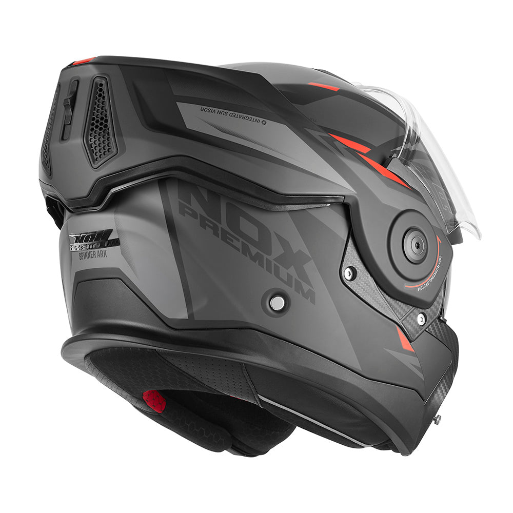NOX PREMIUM KASK SZCZĘKOWY FLIP-BACK (SZCZĘKA DO TYŁU) Z BLENDĄ SPINNER ARK KOLOR CZARNY MAT/CZERWONY – zdjęcie 3