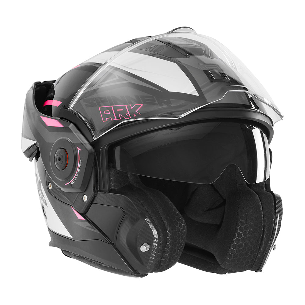 NOX PREMIUM KASK SZCZĘKOWY FLIP-BACK (SZCZĘKA DO TYŁU) Z BLENDĄ SPINNER ARK KOLOR CZARNY/BIAŁY/RÓŻOWY