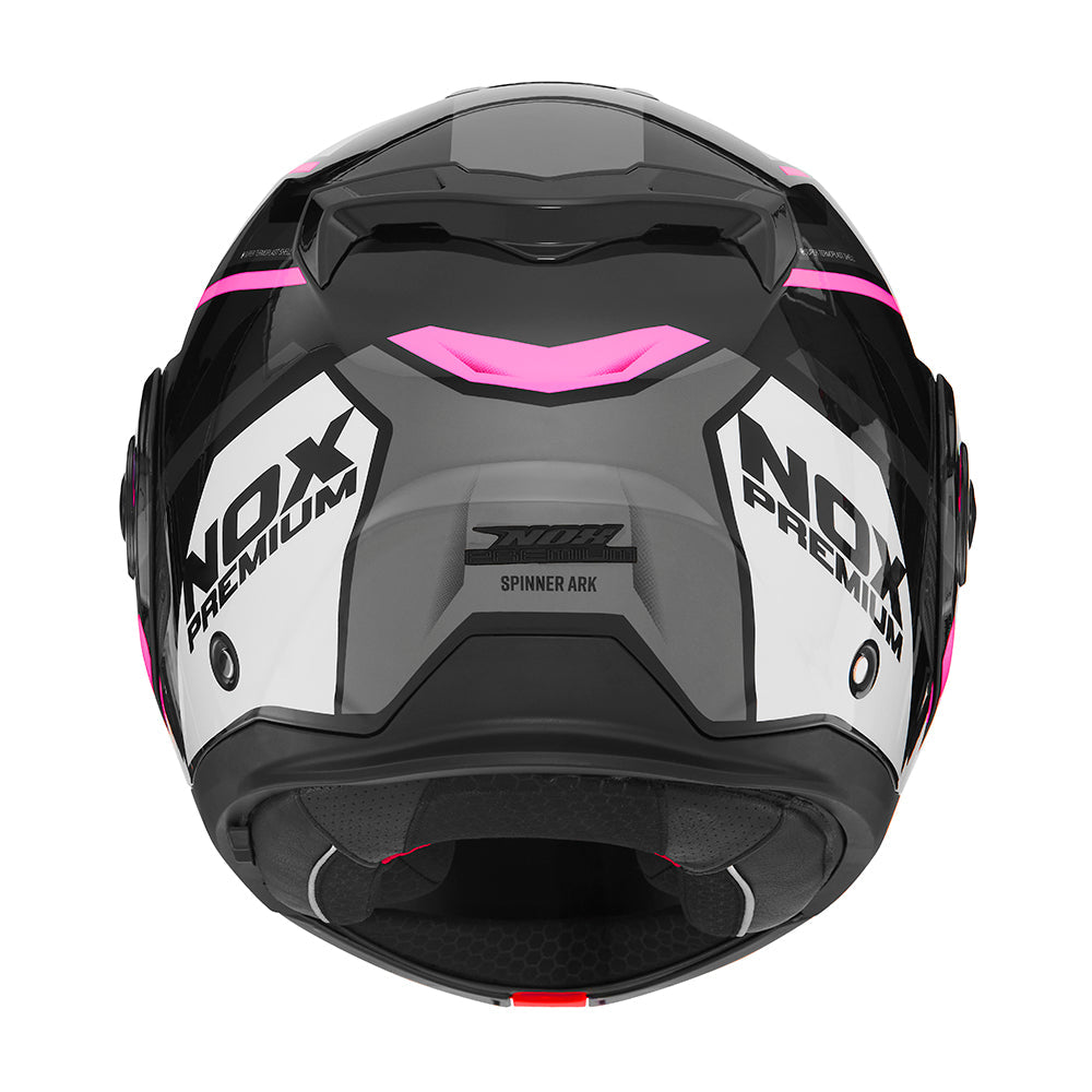 NOX PREMIUM KASK SZCZĘKOWY FLIP-BACK (SZCZĘKA DO TYŁU) Z BLENDĄ SPINNER ARK KOLOR CZARNY/BIAŁY/RÓŻOWY – zdjęcie 4