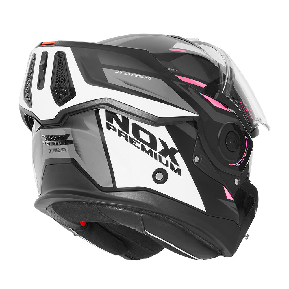 NOX PREMIUM KASK SZCZĘKOWY FLIP-BACK (SZCZĘKA DO TYŁU) Z BLENDĄ SPINNER ARK KOLOR CZARNY/BIAŁY/RÓŻOWY – zdjęcie 3