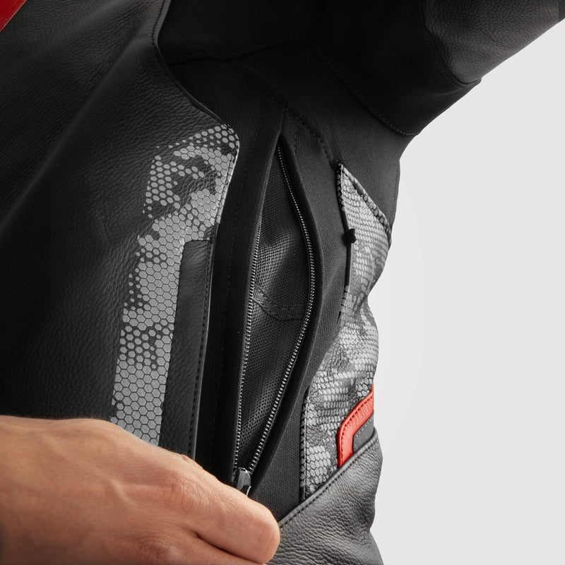 KURTKA MOTOCYKLOWA SKÓRZANA REBELHORN VELOCE CAMO BLACK GREY FLUO RED
