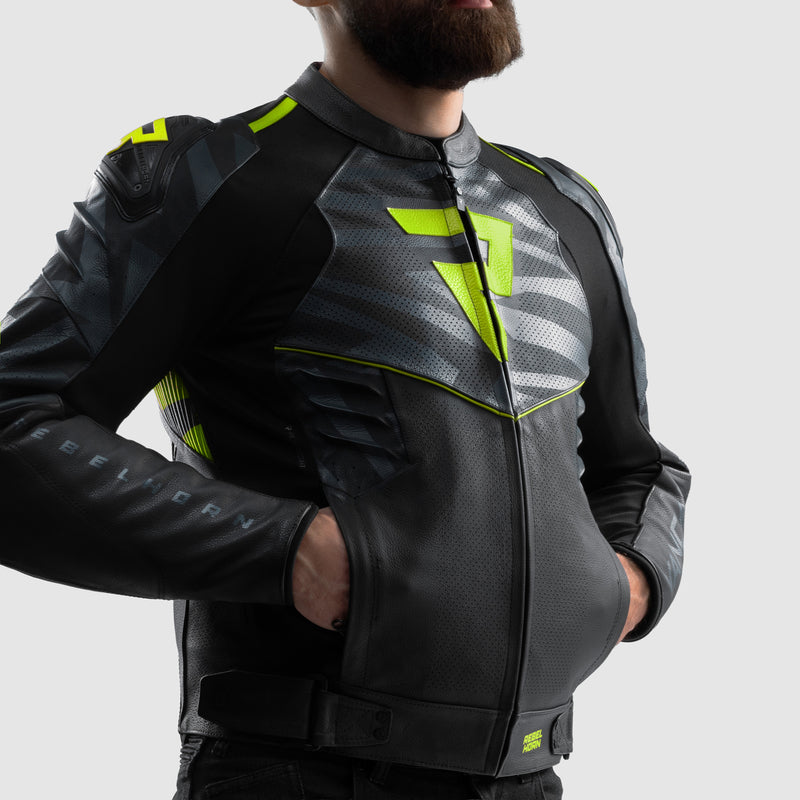 KURTKA MOTOCYKLOWA SKÓRZANA REBELHORN VANDAL 2 BLACK GREY FLUO YELLOW