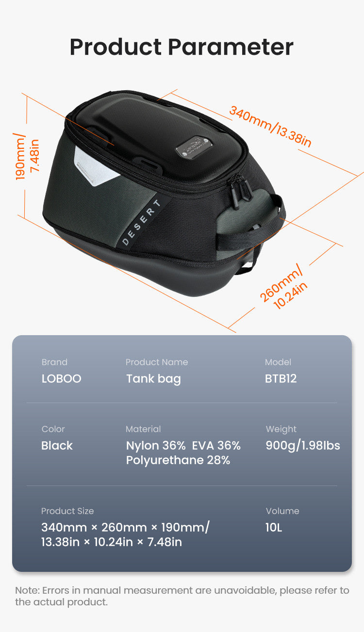 LOBOO Tank Bag z funkcją szybkiego demontażu z kotwy magnetycznej, regulacja montażu w zakresie 110mm, 10L, czarny/szary