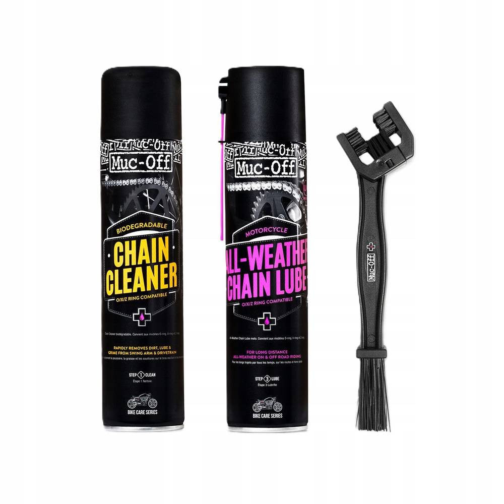 Zestaw do czyszczenia i smarowania łańcucha motocyklowego CHAIN CARE KIT 2x spray + szczotka MUC-OFF