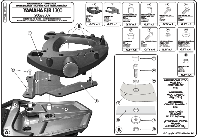 KAPPA STELAŻ KUFRA CENTRALNEGO YAMAHA FJR 1300 '06-'20 ( Z PŁYTĄ MONOKEY )