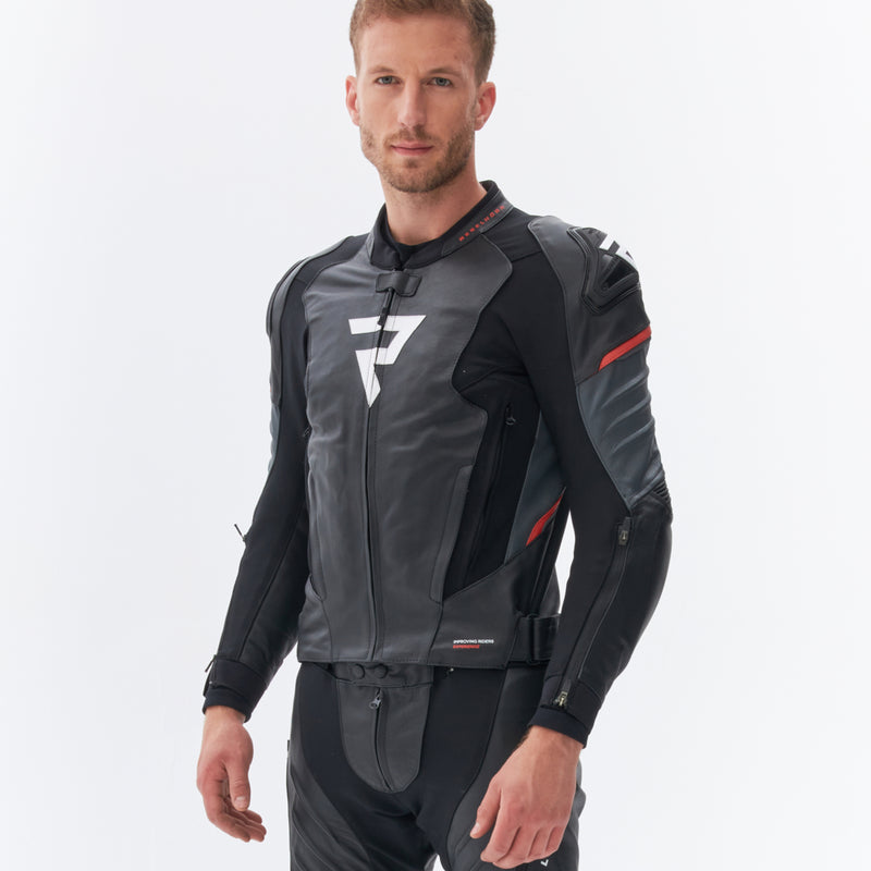 KURTKA MOTOCYKLOWA SKÓRZANA REBELHORN VELOCE BLACK GREY FLUO RED
