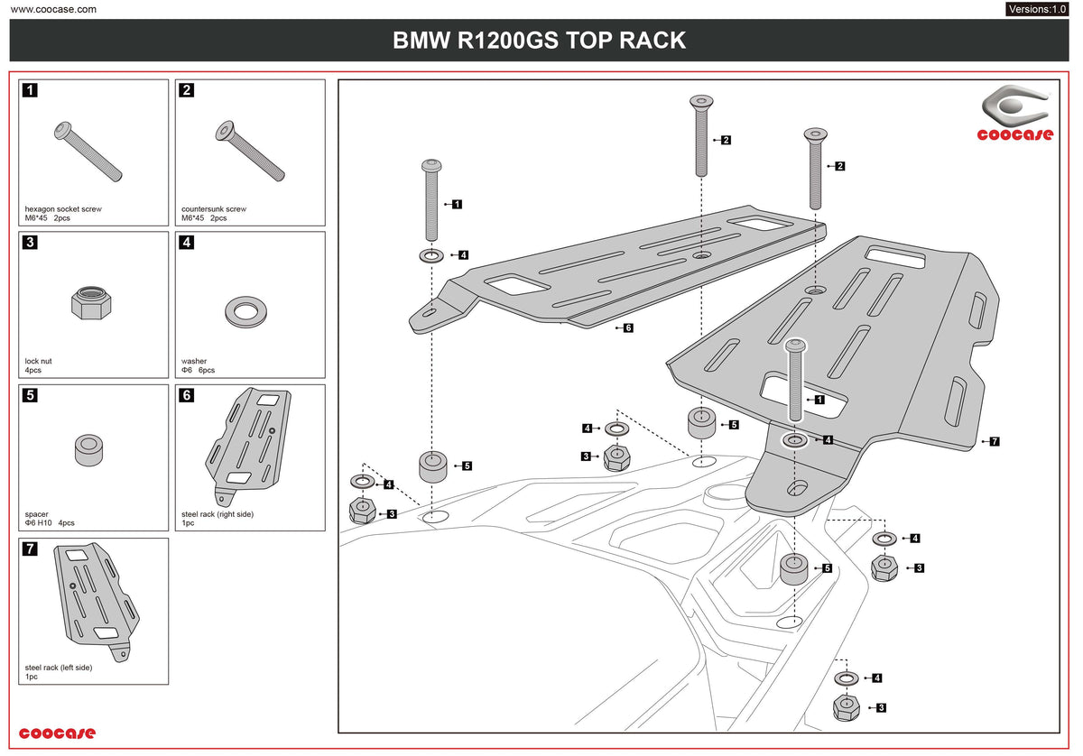 ZESTAW STELAŻY KUFER CENTRALNY + BOCZNE COOCASE BMW R1200GS/R1250GS 2010-2023 PRAWY KUFER ASYMETRYCZNY – zdjęcie 4