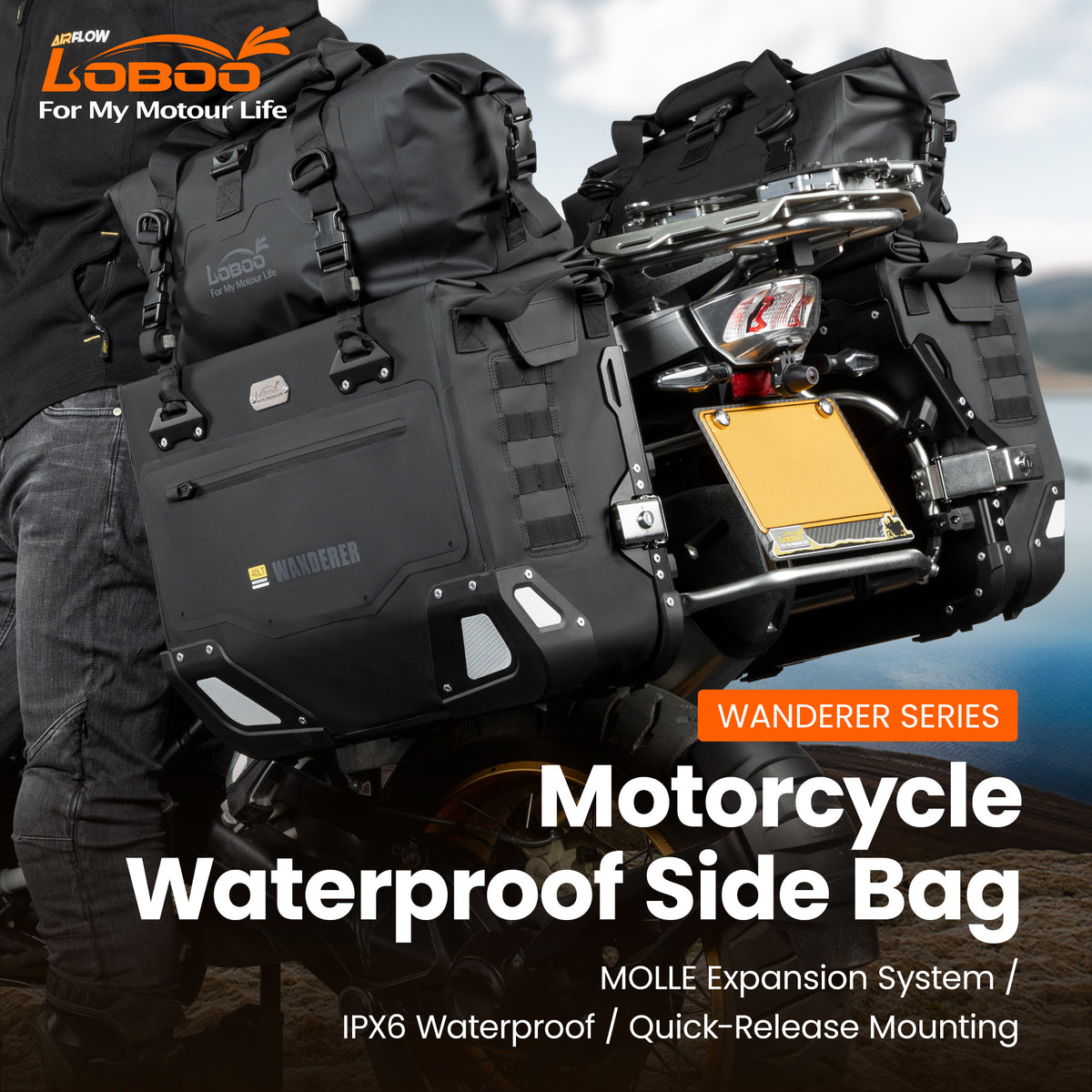LOBOO Sakwy boczne WANDERER, materiał TPU, wodoodporne IPX6M, magnetyczne zapięcie, zamek, system MOLLE, czarne, 2 szt 30L+40L
