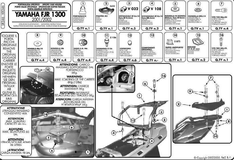 KAPPA STELAŻ KUFRA CENTRALNEGO YAMAHA FJR 1300 (01-05) ( Z PŁYTĄ MONOKEY )