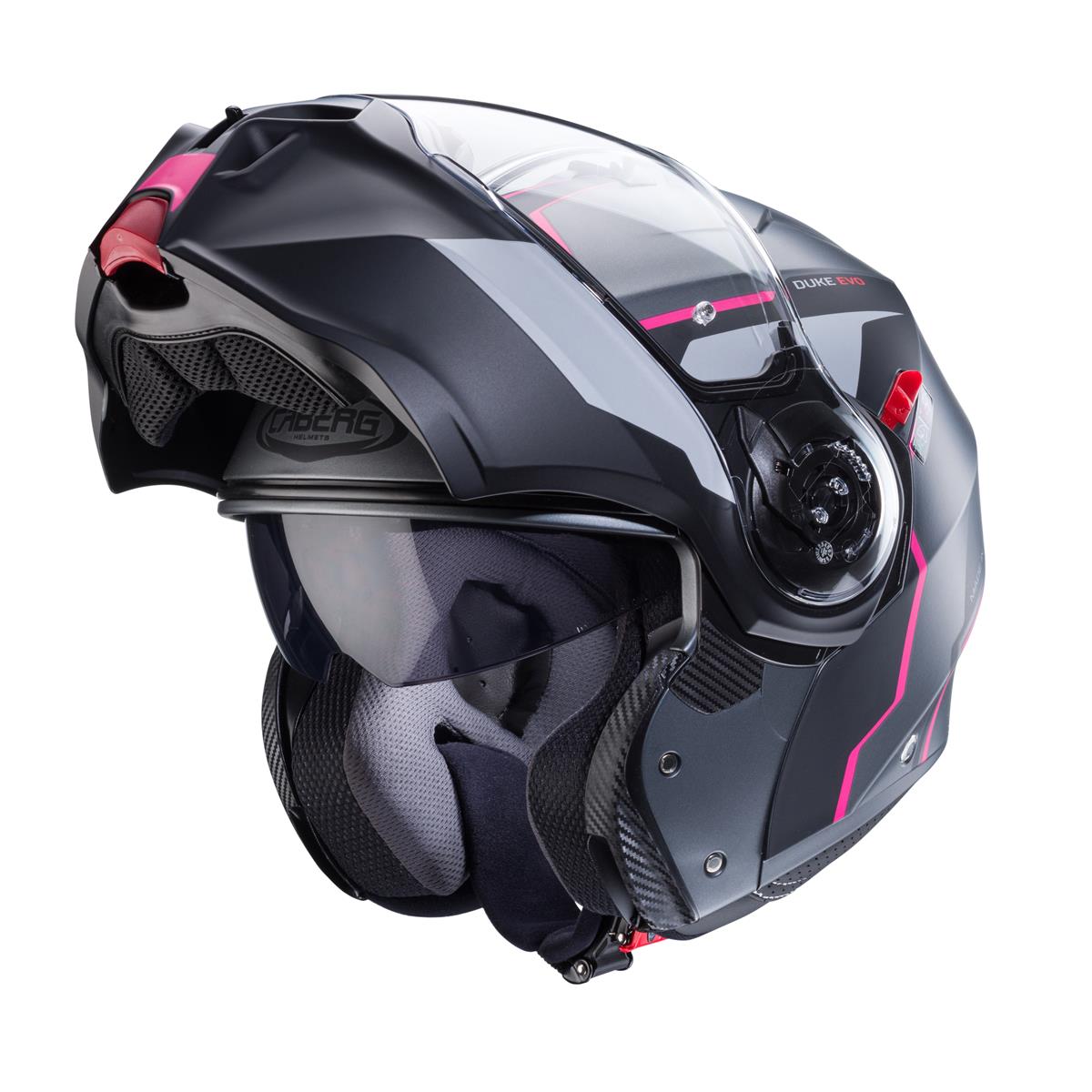 CABERG WYPRZEDAŻ KASK SZCZĘKOWY FLIP-UP MODEL DUKE EVO MOVE KOLOR SZARY MAT/CZARNY/FUKSJA (INTENSYWNY ODCIEŃ RÓŻOWEGO) (PINLOCK W ZESTAWIE)