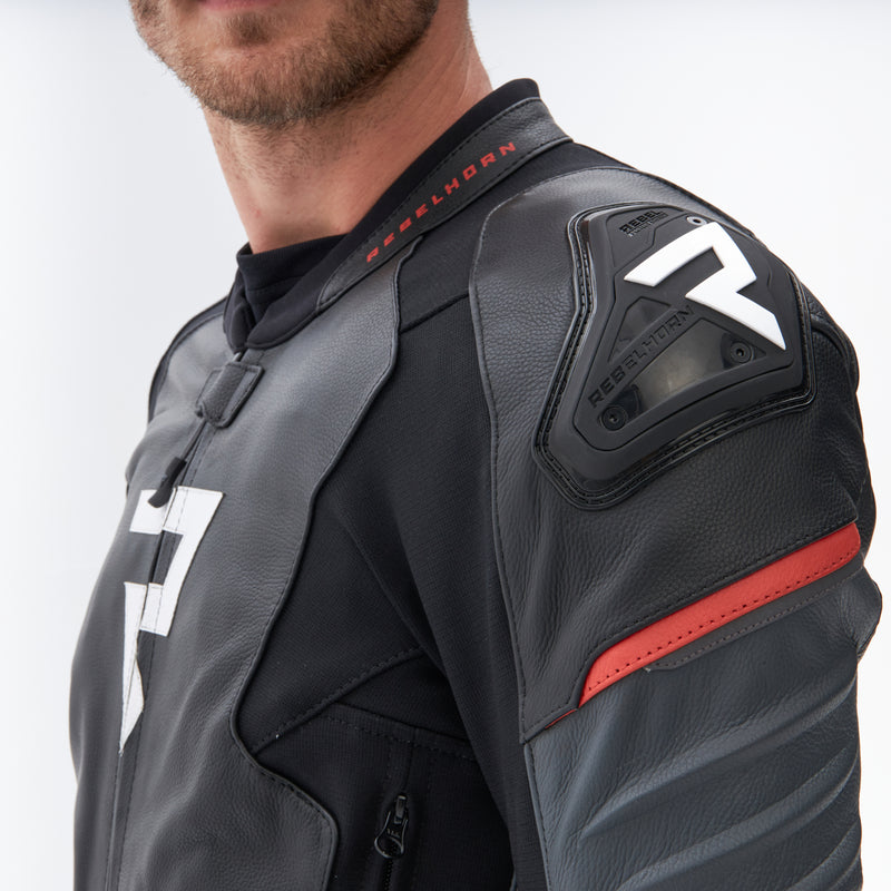 KURTKA MOTOCYKLOWA SKÓRZANA REBELHORN VELOCE BLACK GREY FLUO RED