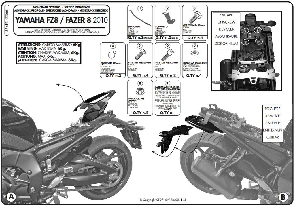 KAPPA STELAŻ KUFRA CENTRALNEGO YAMAHA FZ8 / FAZER 8 800 '10-'15 ( BEZ PŁYTY )