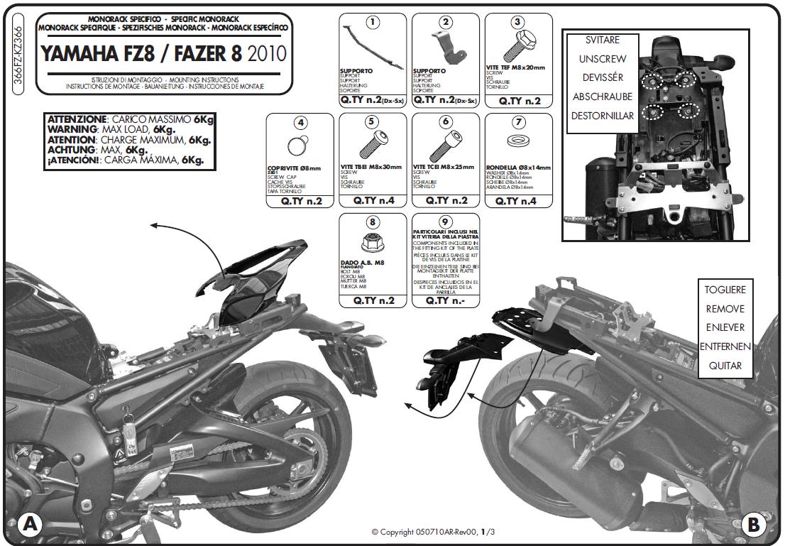 KAPPA STELAŻ KUFRA CENTRALNEGO YAMAHA FZ8 / FAZER 8 800 '10-'15 ( BEZ PŁYTY )