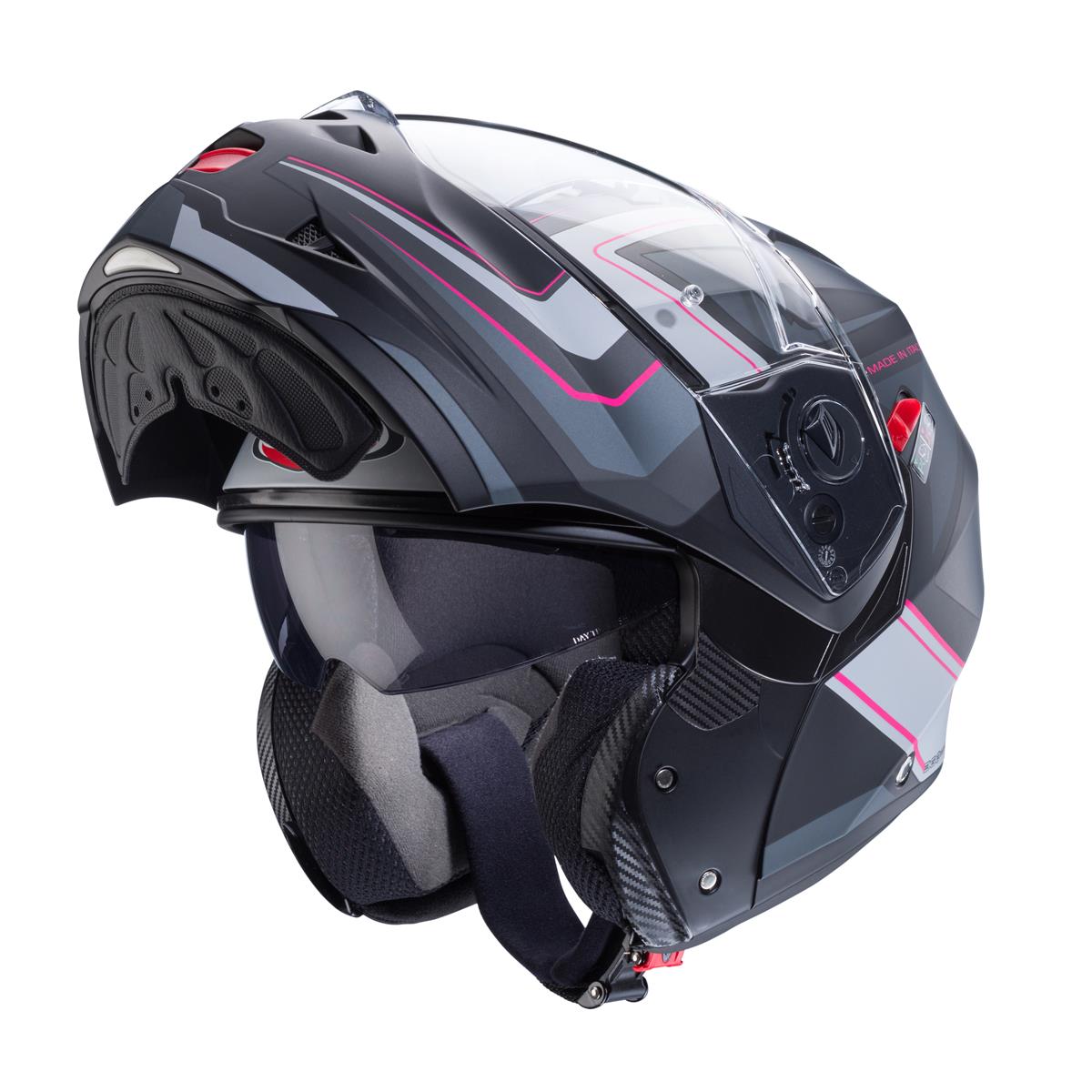 CABERG WYPRZEDAZ KASK SZCZĘKOWY FLIP-UP MODEL DUKE X KOLOR CZARNY MAT/SZARY/SREBRNY/FUKSJA (INTENSYWNY ODCIEŃ RÓŻOWEGO) (PINLOCK W ZESTAWIE) – zdjęcie 2