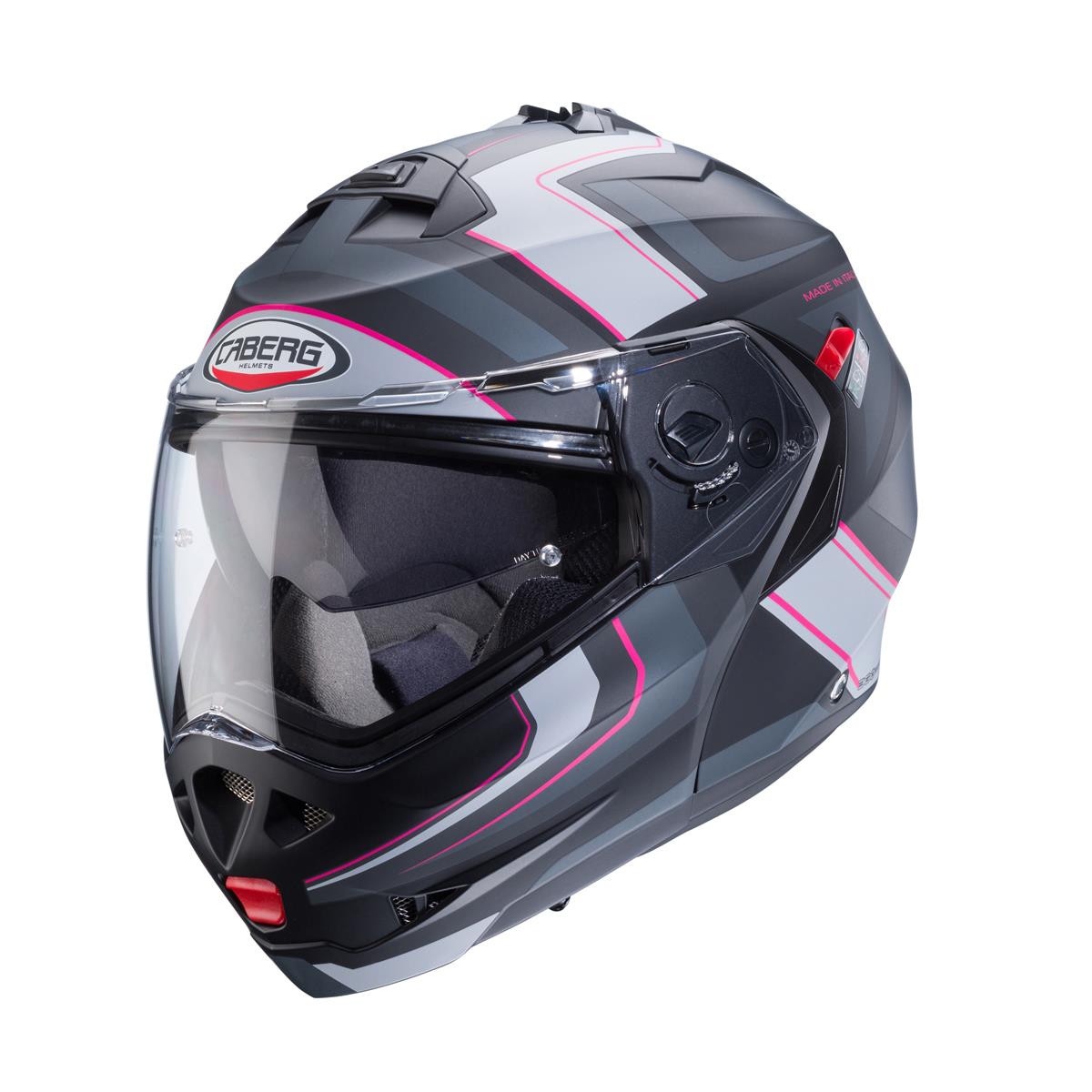 CABERG WYPRZEDAZ KASK SZCZĘKOWY FLIP-UP MODEL DUKE X KOLOR CZARNY MAT/SZARY/SREBRNY/FUKSJA (INTENSYWNY ODCIEŃ RÓŻOWEGO) (PINLOCK W ZESTAWIE)