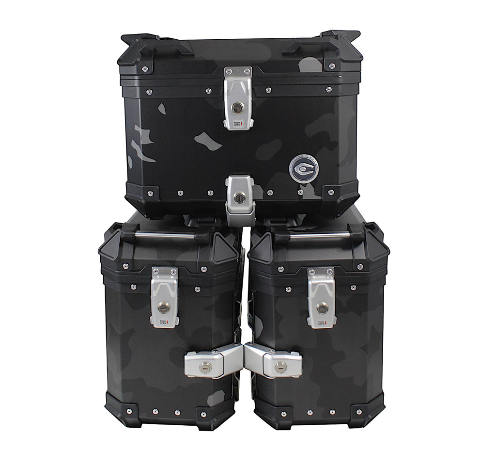ZESTAW 3 KUFRÓW ALUMINIOWYCH (2X36L SYMETRYCZNE + 45L) COOCASE SZARY CAMO Z TORBĄ WEWNĘTRZNĄ
